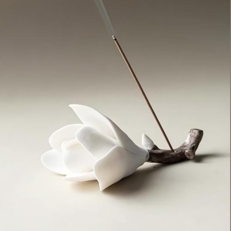 [Magnolia Mist] Handmade Ceramic Flower Home Decor, Unique Artistic Gift Idea for Incense Holder, Charming Decorative Accent