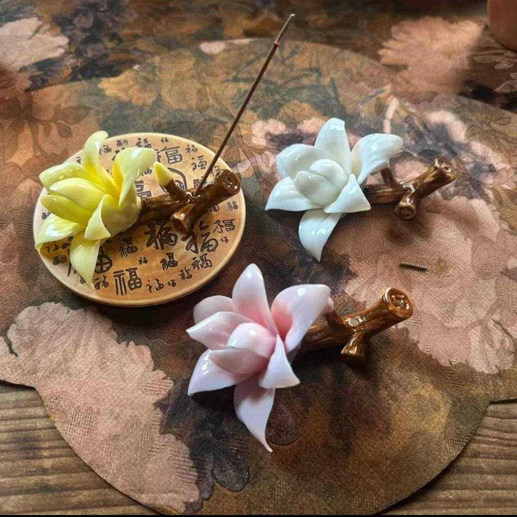 Ceramic Magnolia Incense Holder | Handmade Flower Pen Rest | Three Colors