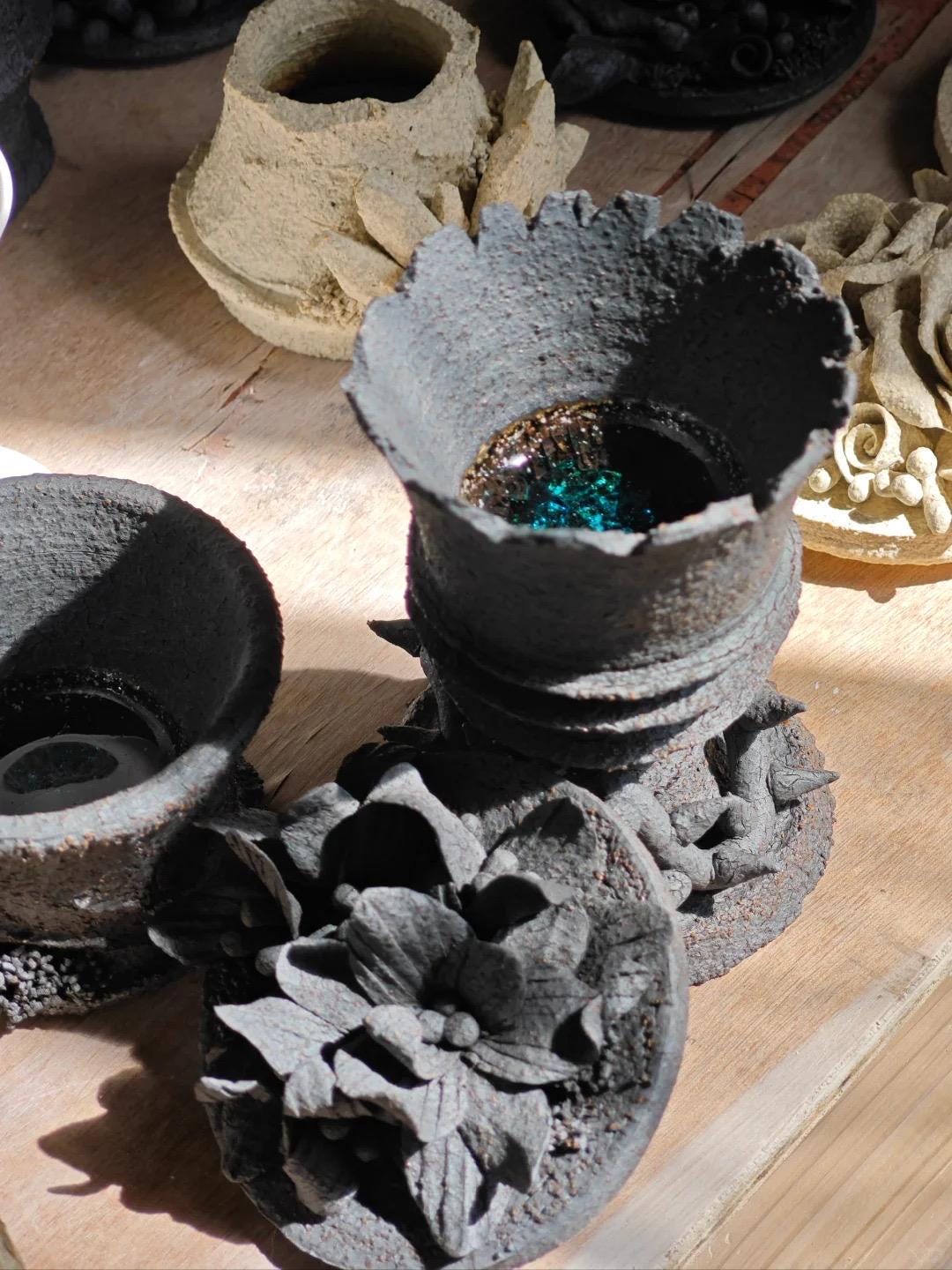 Dark angel black ceramic clay handemade candle holder