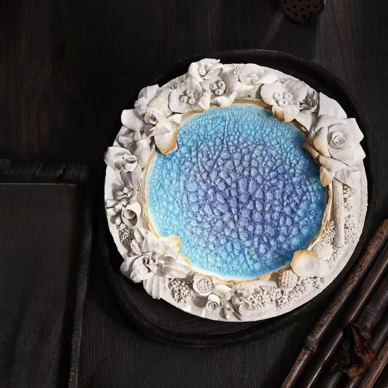 Florosiana Handcrafted Ceramic Carved Blossom Fruit Plate